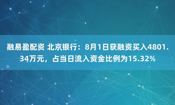 融易盈配资 北京银行：8月1日获融资买入4801.34万元，占当日流入资金比例为15.32%
